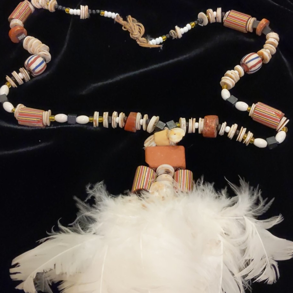 Vintage African Trading Bead Neclace with Feathers